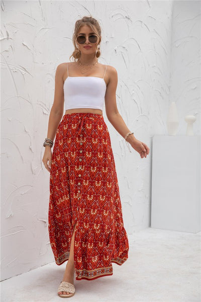 Border Print Boho Maxi Skirt