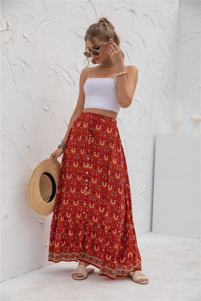 Border Print Boho Maxi Skirt