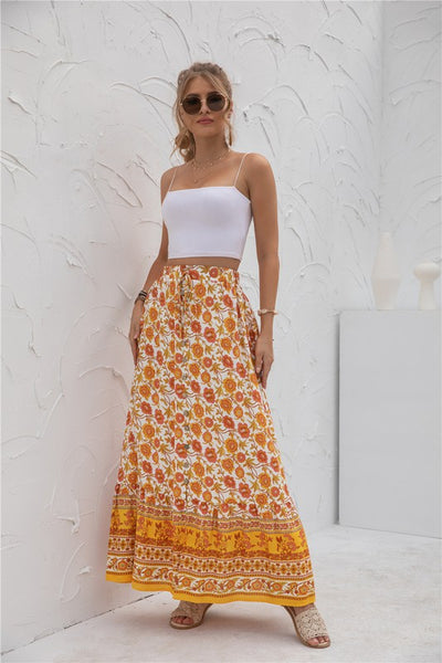 Border Print Boho Maxi Skirt