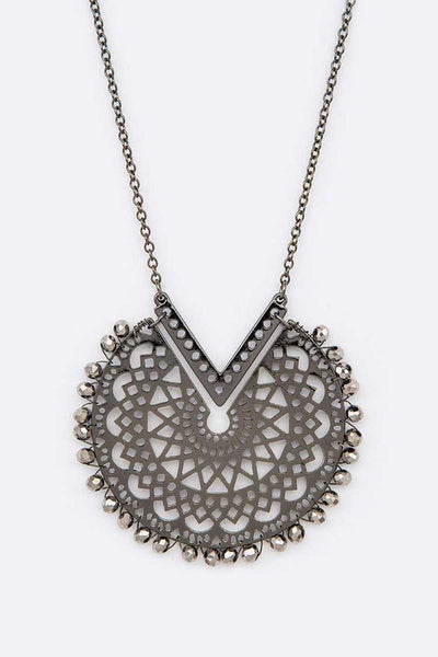 Crystal Beaded Cutout Pendant Long Necklace