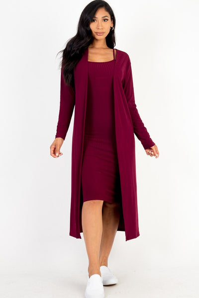 Ribbed Cardigan & Cami Midi Bodycon Dress (14 Colors)