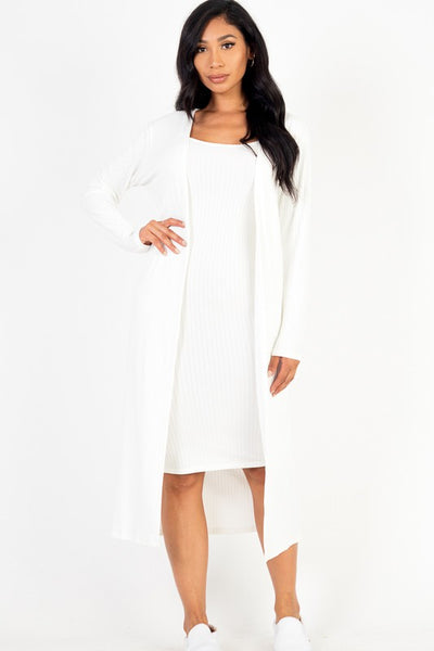 Ribbed Cardigan & Cami Midi Bodycon Dress (14 Colors)