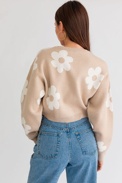 Long Sleeve Crop Sweater with Daisies