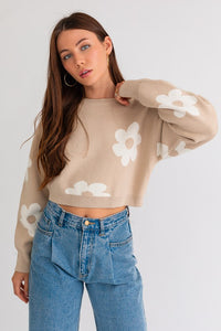 Long Sleeve Crop Sweater with Daisies