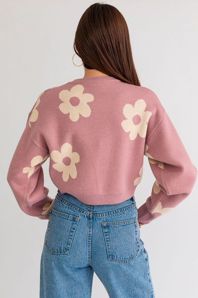 Long Sleeve Crop Sweater with Daisies