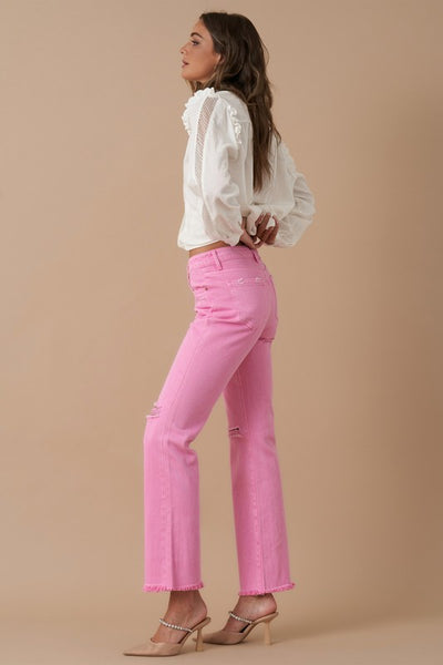 Pink High Rise Slim Straight Leg Jeans