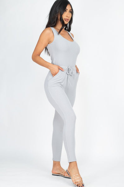 Ribbed Sleeveless Drawstring catsuits Jumpsuit (12 Colors)