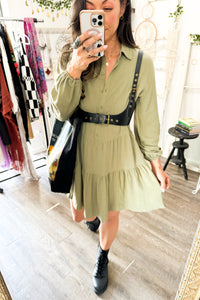 Tiered Half Button Balloon Sleeve Dress