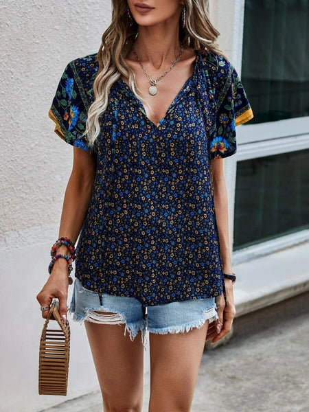 Printed Tie Neck Short Sleeve Blouse-4 colors