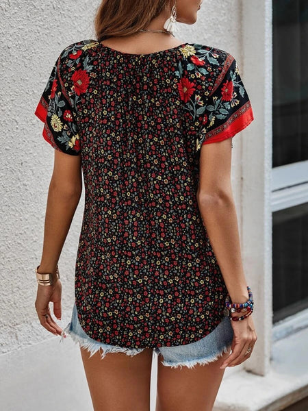 Printed Tie Neck Short Sleeve Blouse-4 colors