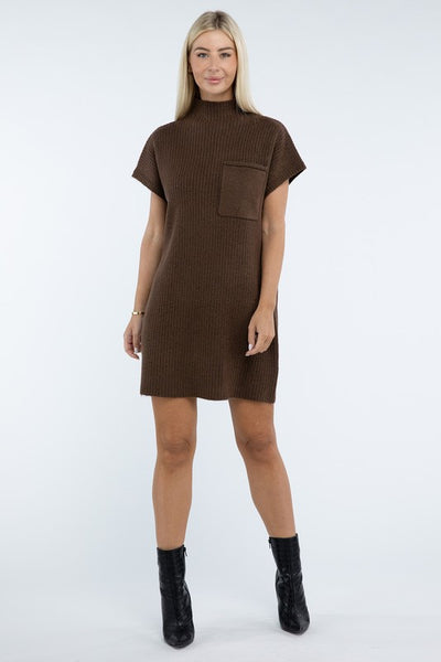 Mock Neck Short Sleeve Sweater Dress with Pocket (6 colors)