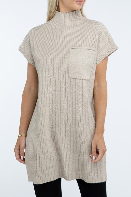 Mock Neck Short Sleeve Sweater Dress with Pocket (6 colors)