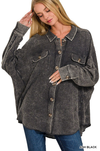 Acid Wash Oversized Cotton Waffle Shacket