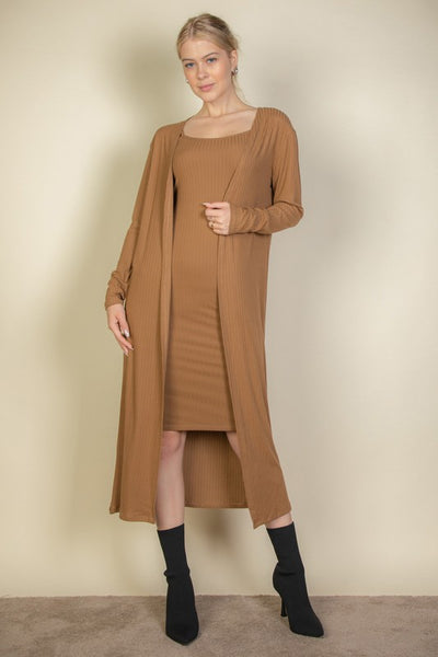 Ribbed Cardigan & Cami Midi Bodycon Dress (14 Colors)