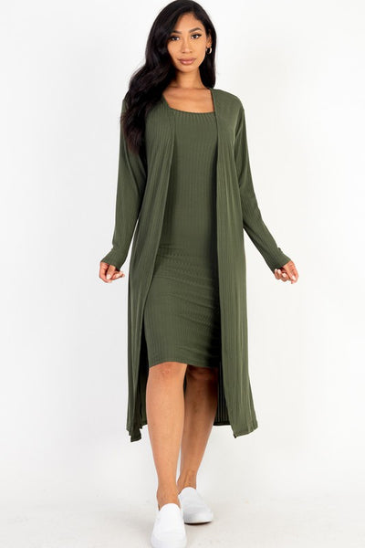 Ribbed Cardigan & Cami Midi Bodycon Dress (14 Colors)