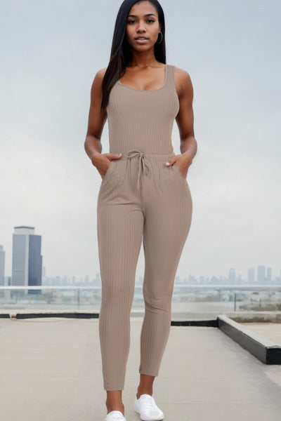 Ribbed Sleeveless Drawstring catsuits Jumpsuit (12 Colors)