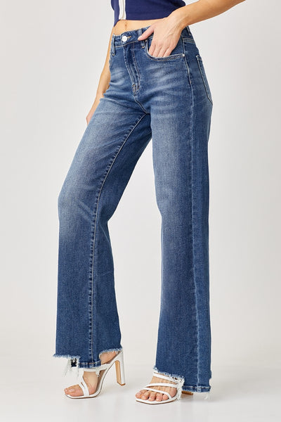 Risen High Rise Frayed Wide Leg Jeans