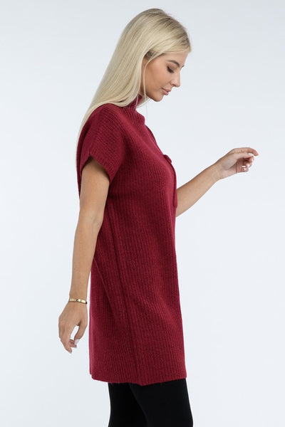 Mock Neck Short Sleeve Sweater Dress with Pocket (6 colors)