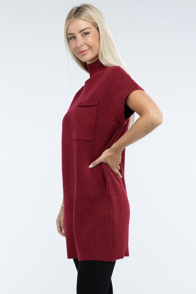 Mock Neck Short Sleeve Sweater Dress with Pocket (6 colors)