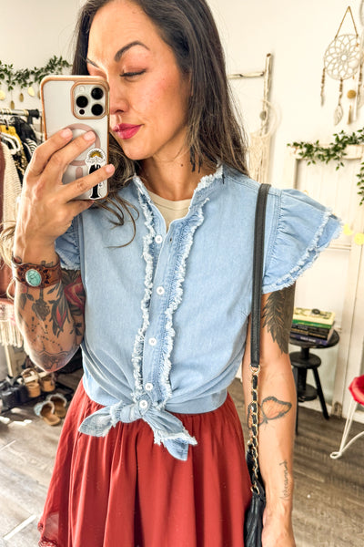 Button Front Ruffled Flutter Frayed Denim Top