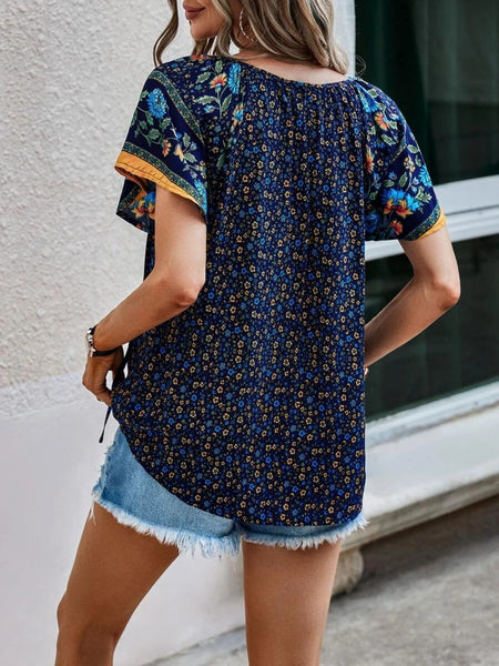 Printed Tie Neck Short Sleeve Blouse-4 colors