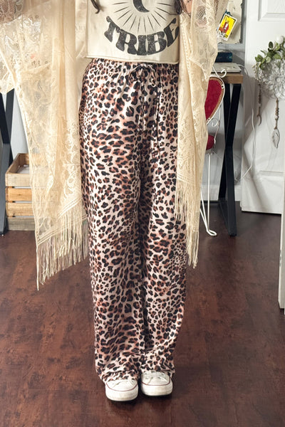 Leopard Print Drawstring Wide Leg Pants