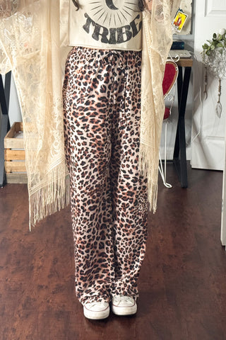 Leopard Print Drawstring Wide Leg Pants