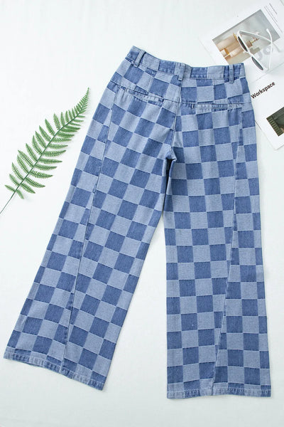 Checkered Wide Leg Jeans with Pockets