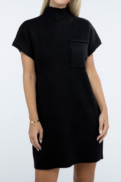 Mock Neck Short Sleeve Sweater Dress with Pocket (6 colors)