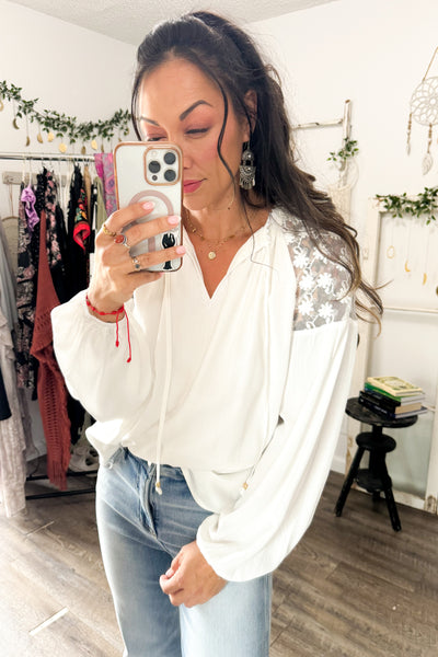 Lace Tie Neck Long Sleeve Blouse