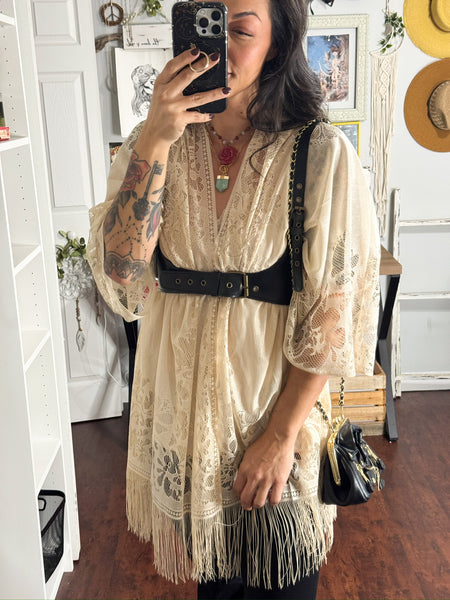 Lightweight Ivory Tea Lace Kimono with fringe