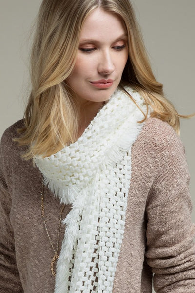 White Oblong Net Scarf with Fringe