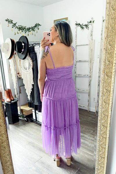Medium or Large // Lavender Mesh Smocked Midi Dress