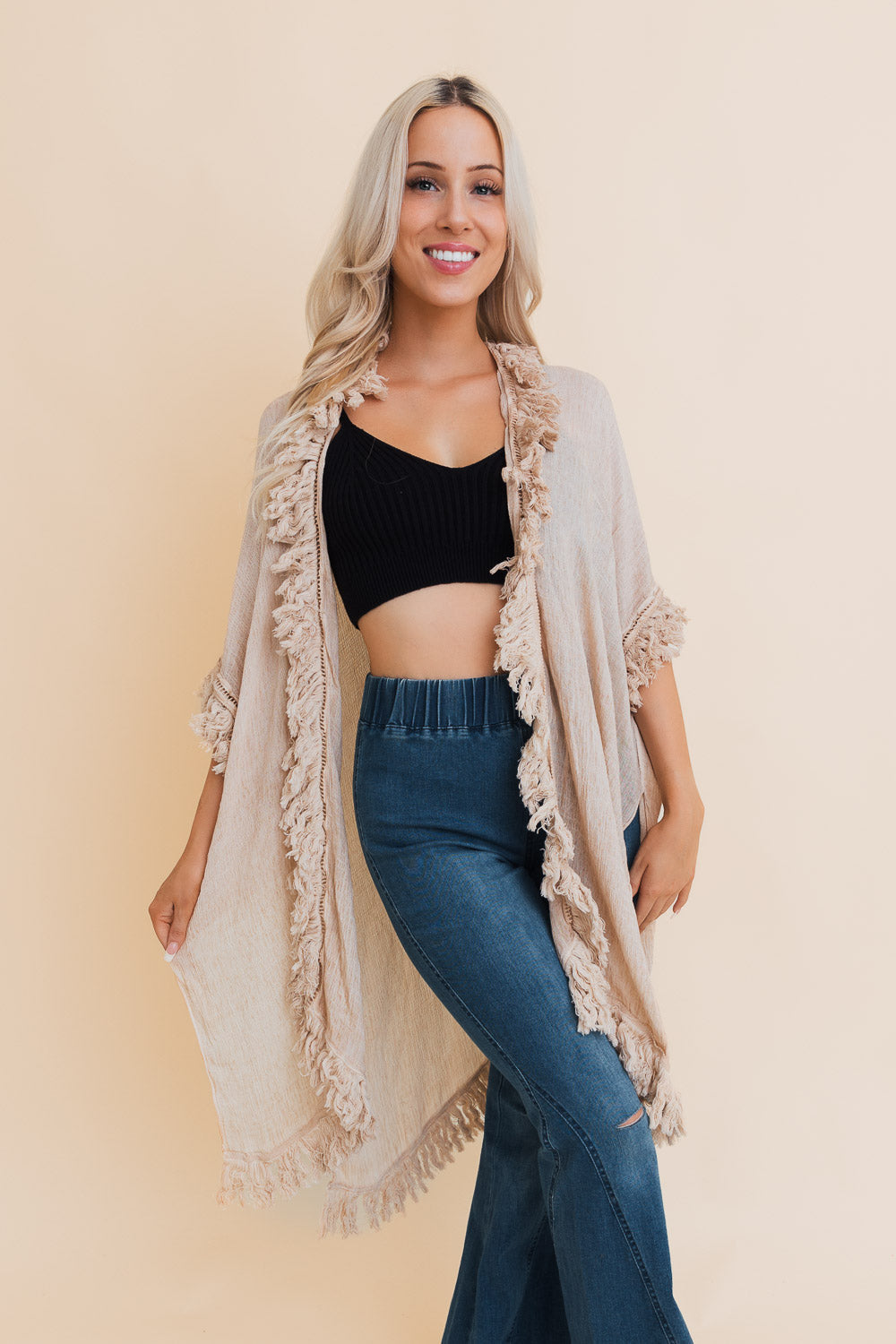 One Size SAMPLE  Sun Bleached Fringe Ruffle Kimono