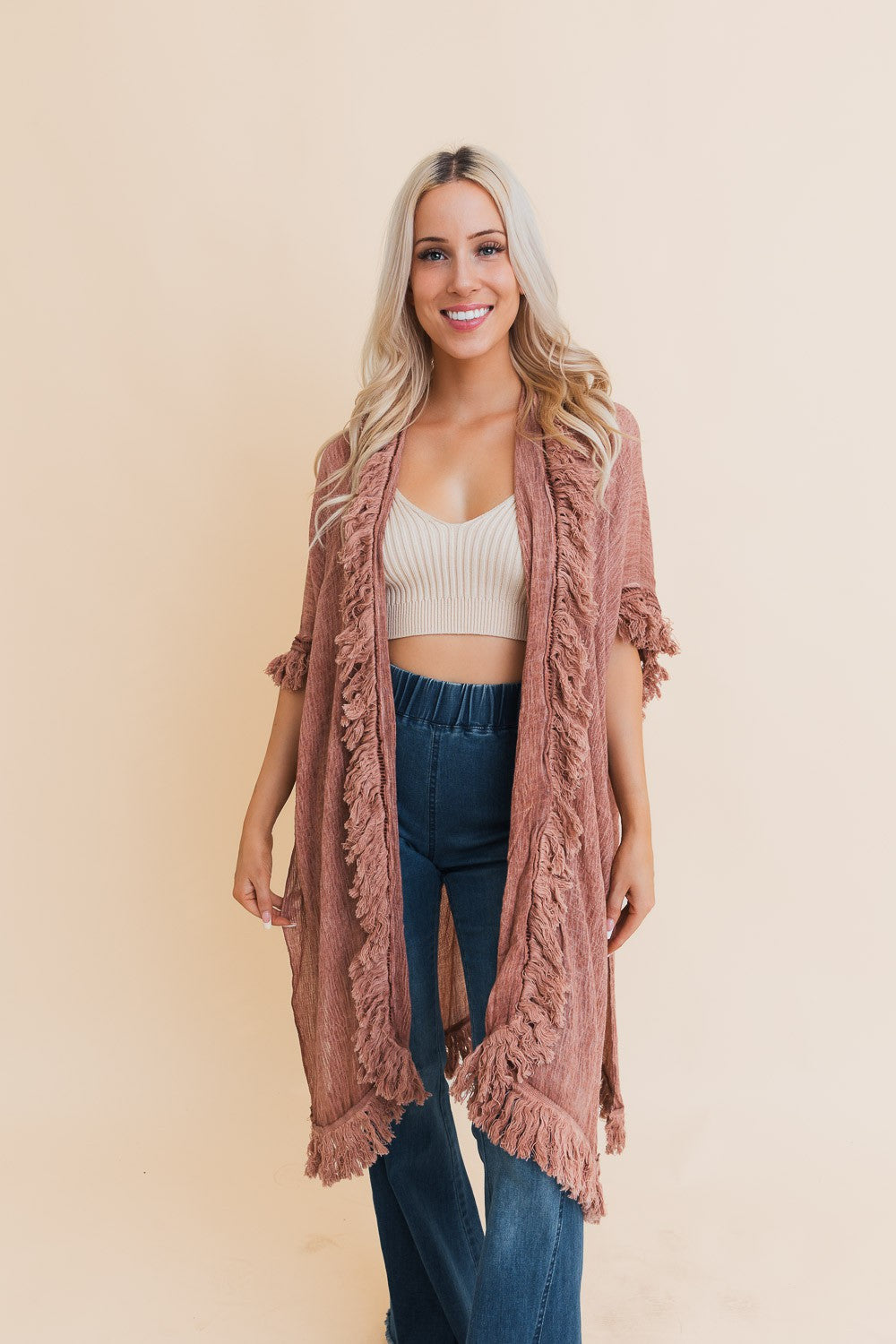 One Size SAMPLE  Sun Bleached Fringe Ruffle Kimono