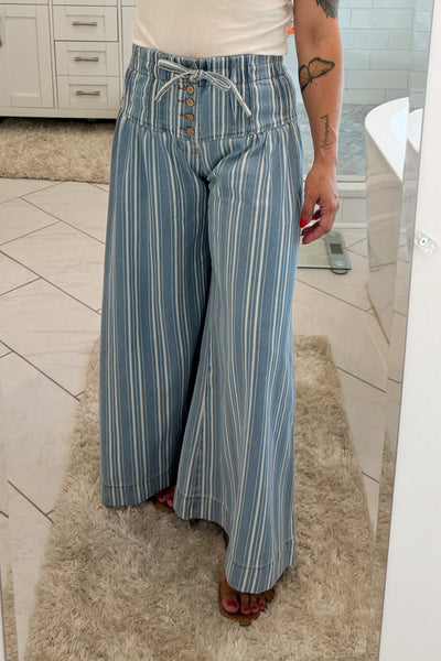 SO ME Mid Rise Stripe Denim Washed Pleat Wide Leg Pants