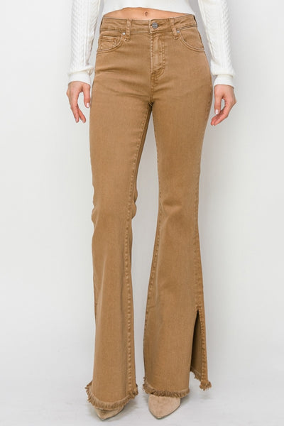 RISEN Camel Side Slit Flare Jeans