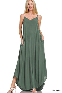 zenana maxi dress Zenana Woven Crinkle Cami Maxi Dress with Side Pockets ASH JADE / M