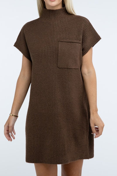 Mock Neck Short Sleeve Sweater Dress with Pocket (6 colors)