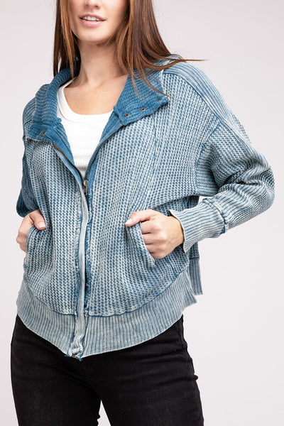 Acid Wash Cotton Waffle Hooded Zip-Up Jacket (5 colors)