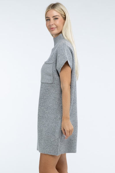 Mock Neck Short Sleeve Sweater Dress with Pocket (6 colors)