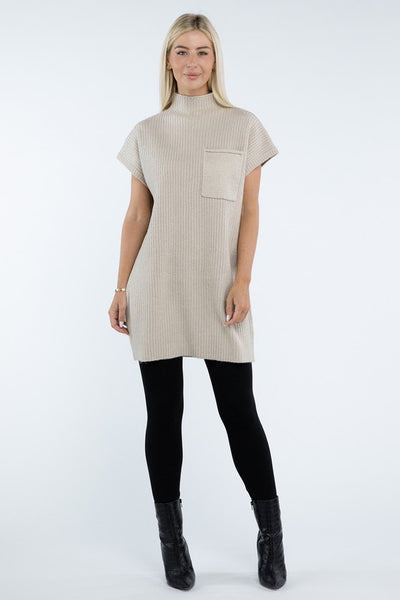 Mock Neck Short Sleeve Sweater Dress with Pocket (6 colors)