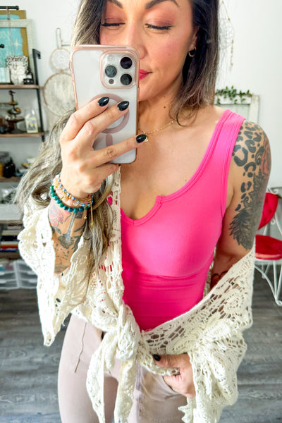 Hot Pink Notched Sleeveless Bodysuit