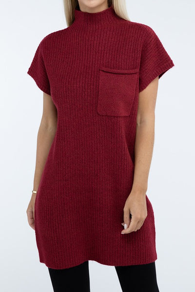 Mock Neck Short Sleeve Sweater Dress with Pocket (6 colors)