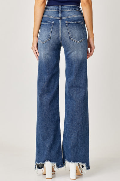 Risen High Rise Frayed Wide Leg Jeans