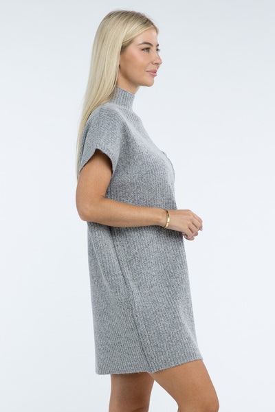 Mock Neck Short Sleeve Sweater Dress with Pocket (6 colors)