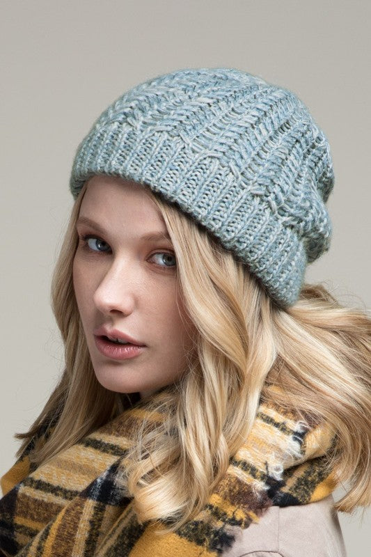 Blue/Grey Pique Rib Knit Beanie