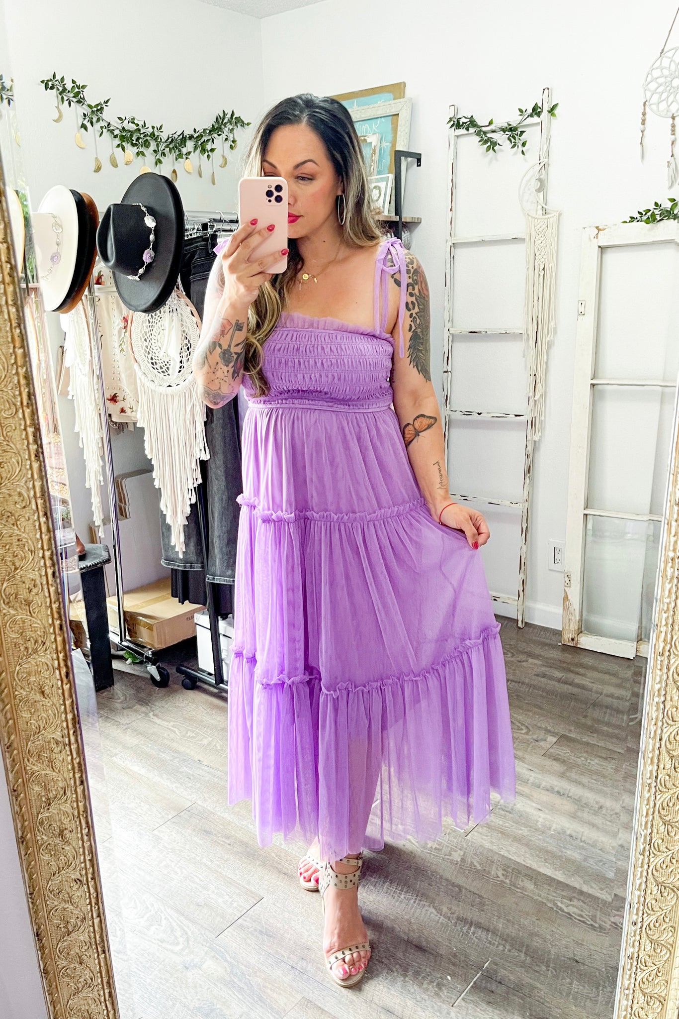 Lavender Mesh Smocked Midi Dress