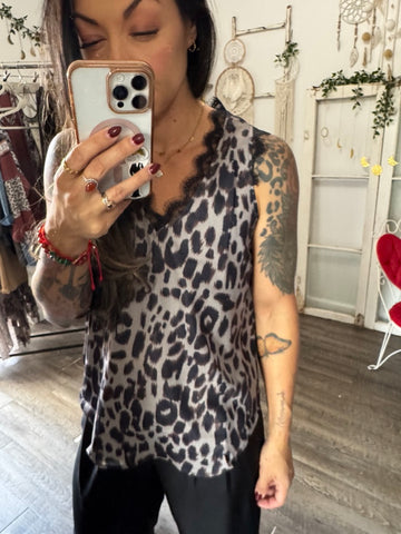 Small SAMPLE Olive Green Leopard Sleeveless Lace Top