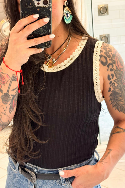 POL Ribbed Round Neck Tank with Lace Trim